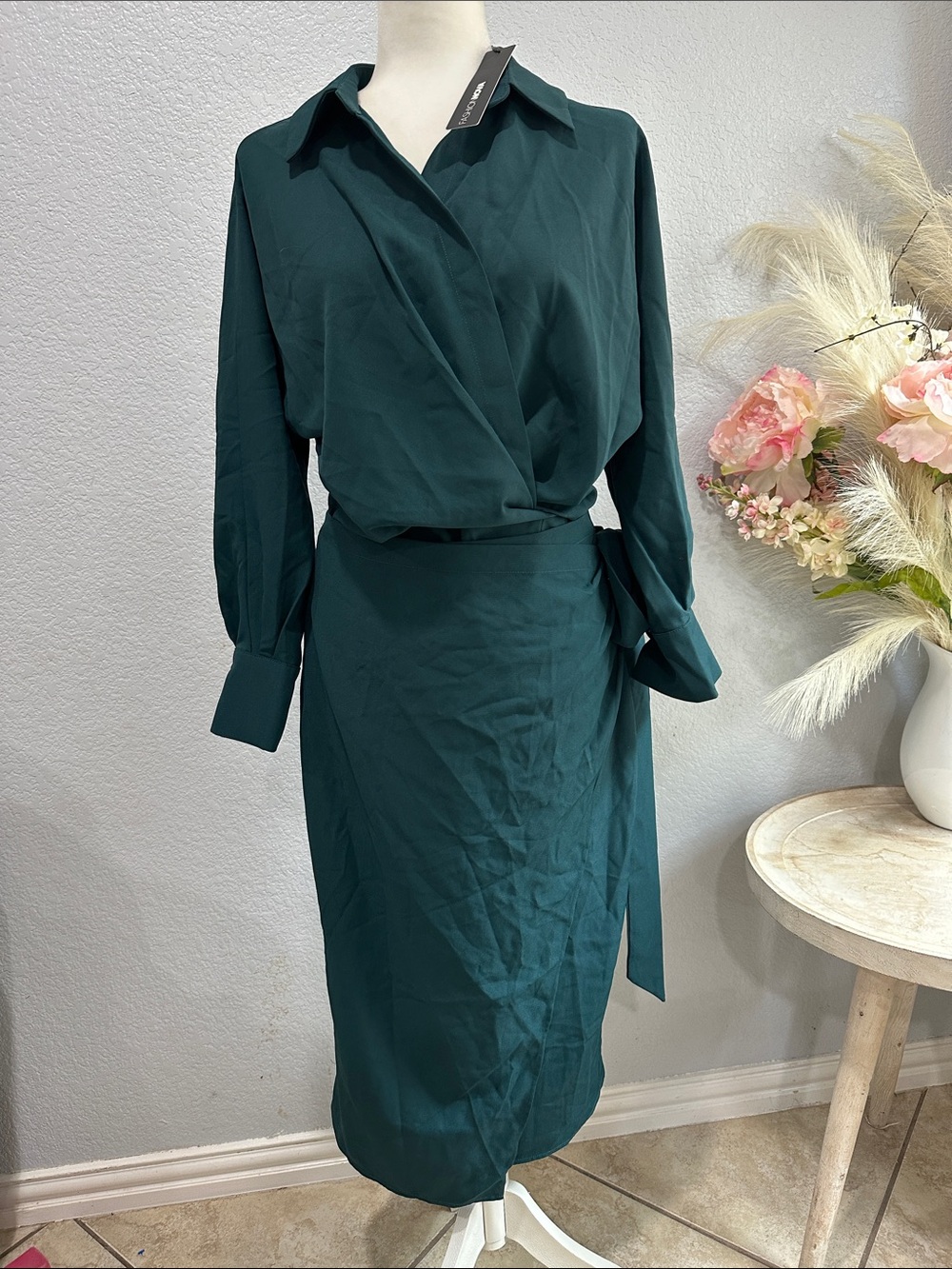 Fashion Nova Deep Teal Wrap Midi Dress with Tie Waist